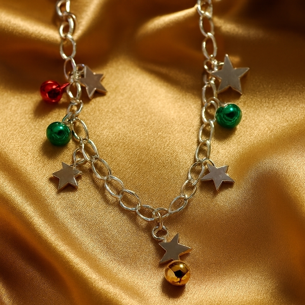 Festive Silver Chain Necklace – Beads & Star Charms Holiday Statement Jewelry